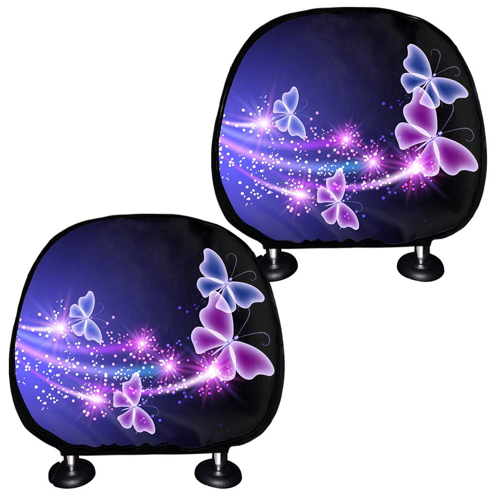 TOADDMOS 2er Set Kopfstützenbezug für Auto mit transparentem Schmetterling lila Muster dekorative Kopfstützenschutz Universal Passform von TOADDMOS