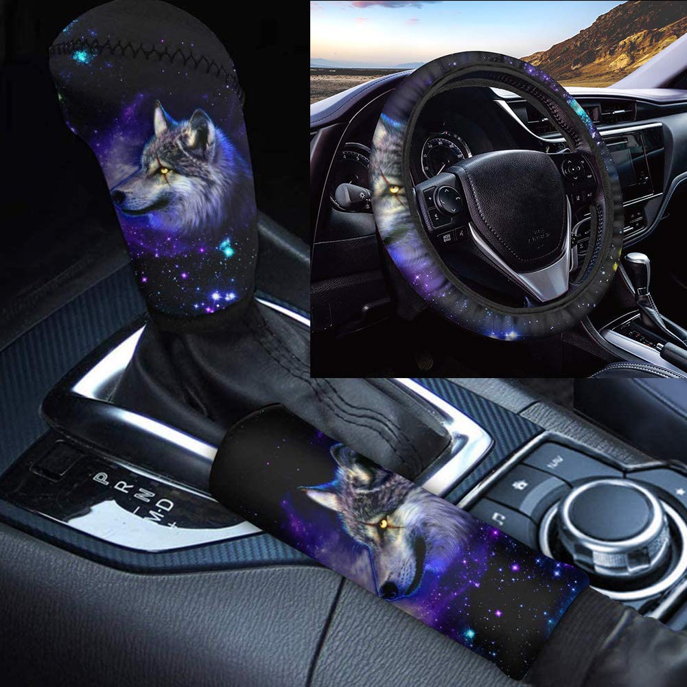 TOADDMOS Lenkrad-Bezug, Handbremsabdeckung, Schalthebelabdeckung, rutschfest, universelle Auto-Dekoration, Einheitsgröße, 3-teiliges Set, Motiv: Galaxie, Wolf, Lila TOADDMOS Lenkrad-Bezug, Handbremsabdeckung, Schalthebelabdeckung, rutschfest, universelle Auto-Dekoration, Einheitsgröße, 3-teiliges Set, Motiv: Galaxie, Wolf, Lila von TOADDMOS