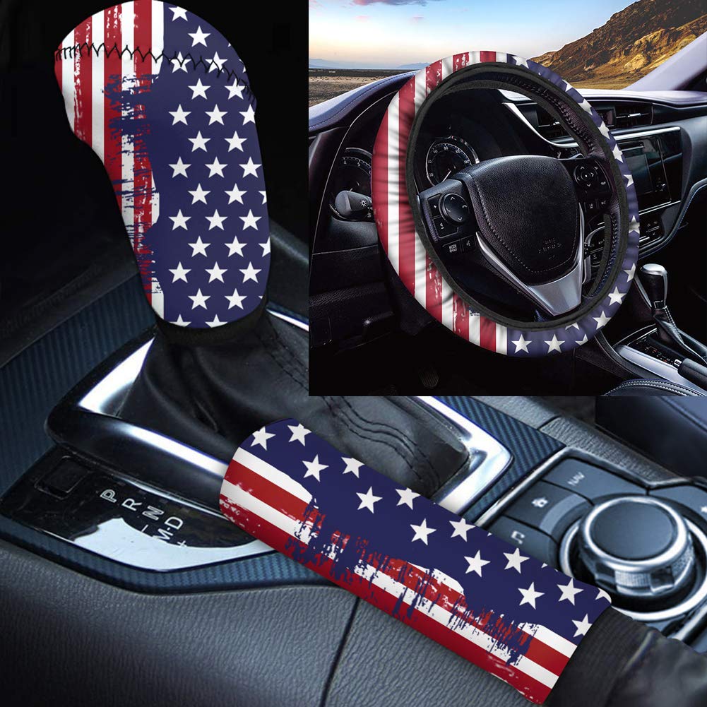 TOADDMOS 3-teiliges Set mit amerikanischer Flagge, weiche Lenkradabdeckung, Handbremsabdeckung, Schaltbezug, rutschfest, universelle Auto-Dekoration von TOADDMOS