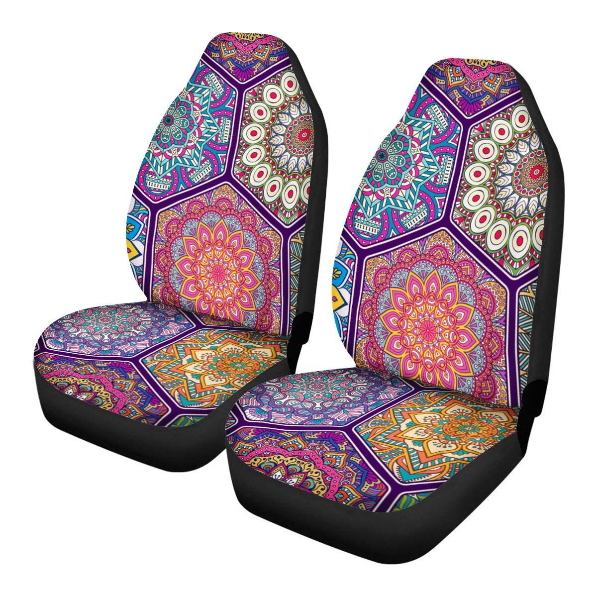 TOADDMOS Dekoratives buntes Mandalas-Patchwork-Autositzbezüge-Set für 2 Vordersitze, Autozubehör, Dekoration, universelle Passform für Auto, LKW, SUV von TOADDMOS