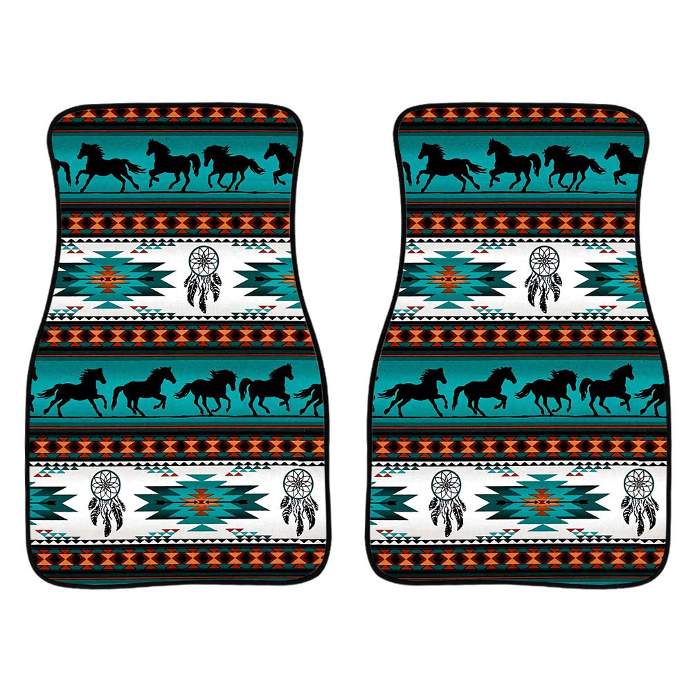 TOADDMOS Southwest Tribal Horse Aztec Türkis Teppich Auto Fußmatten Set nur für vorne, Allwetterschutz, strapazierfähige Bodenmatten Teppich für Autos, LKWs SUV von TOADDMOS