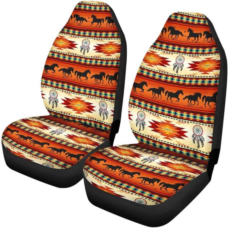 TOADDMOS Southwestern Tribal Horse Aztec Orange Autositzschutz Navajo Traumfänger Decke Vordersitzbezüge Universal passend für Auto, LKW, SUV, Van, 2 Stück von TOADDMOS