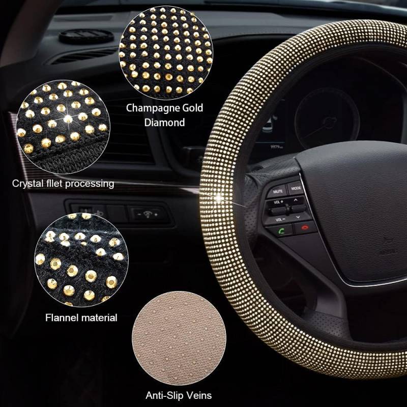 TOEECY Crystal Lenkradbezug Size 36-39 cm Universal Auto Lenkradbezug Lenkradhüllen rutschfest Lenkrad Abdeckung Mit Strass Autozubehör Innenraum Lenkradschutz Für Mädchen Damen Gold von TOEECY