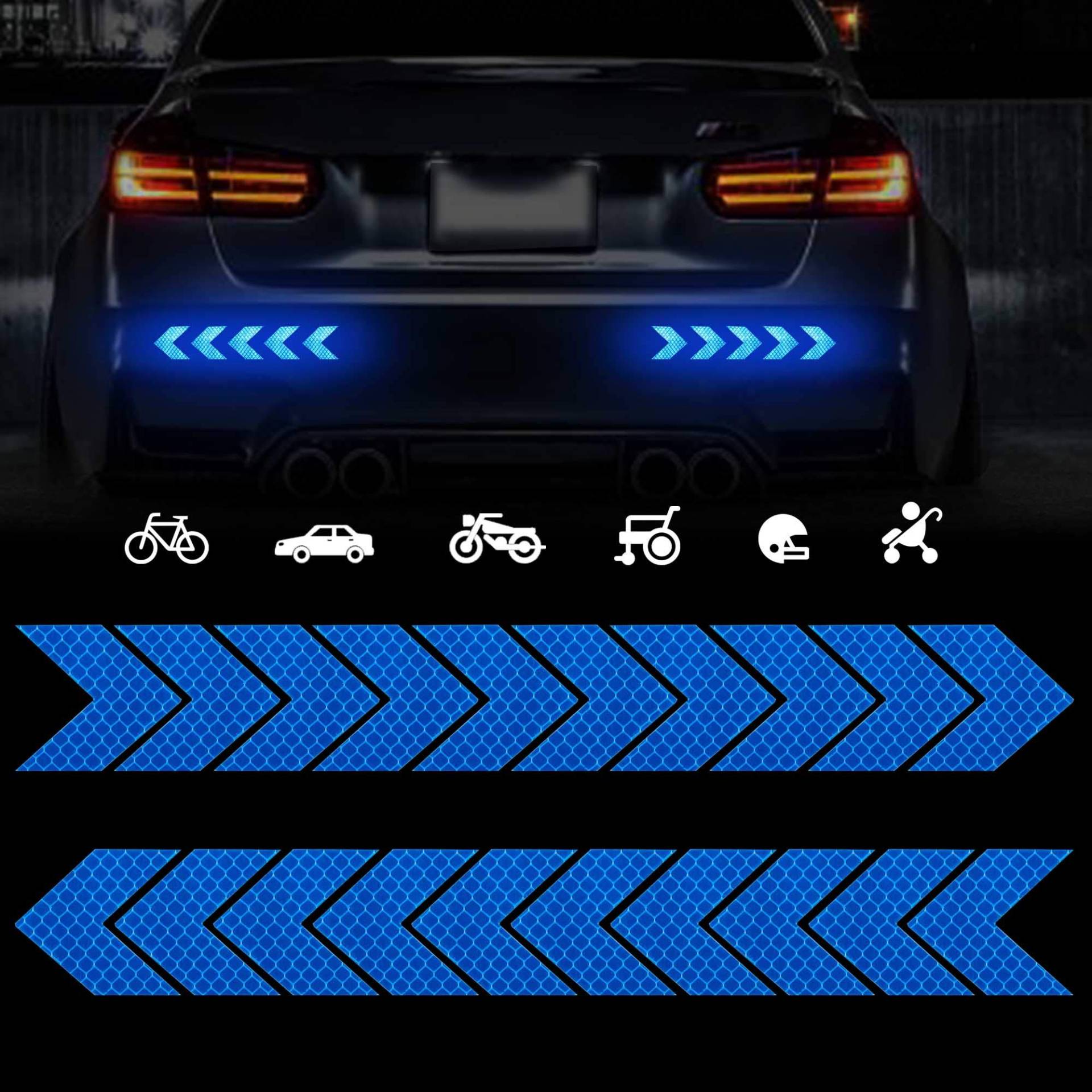 TOMALL 20Pcs Starke reflektierende Pfeilabziehbilder für Autos Hochintensive Nachtsichtbarkeit reflektierende Aufkleber mit Diamantqualität Sicherheitswarnung für Auto-Motorradhelm-Kinderwagen (Blau) von TOMALL