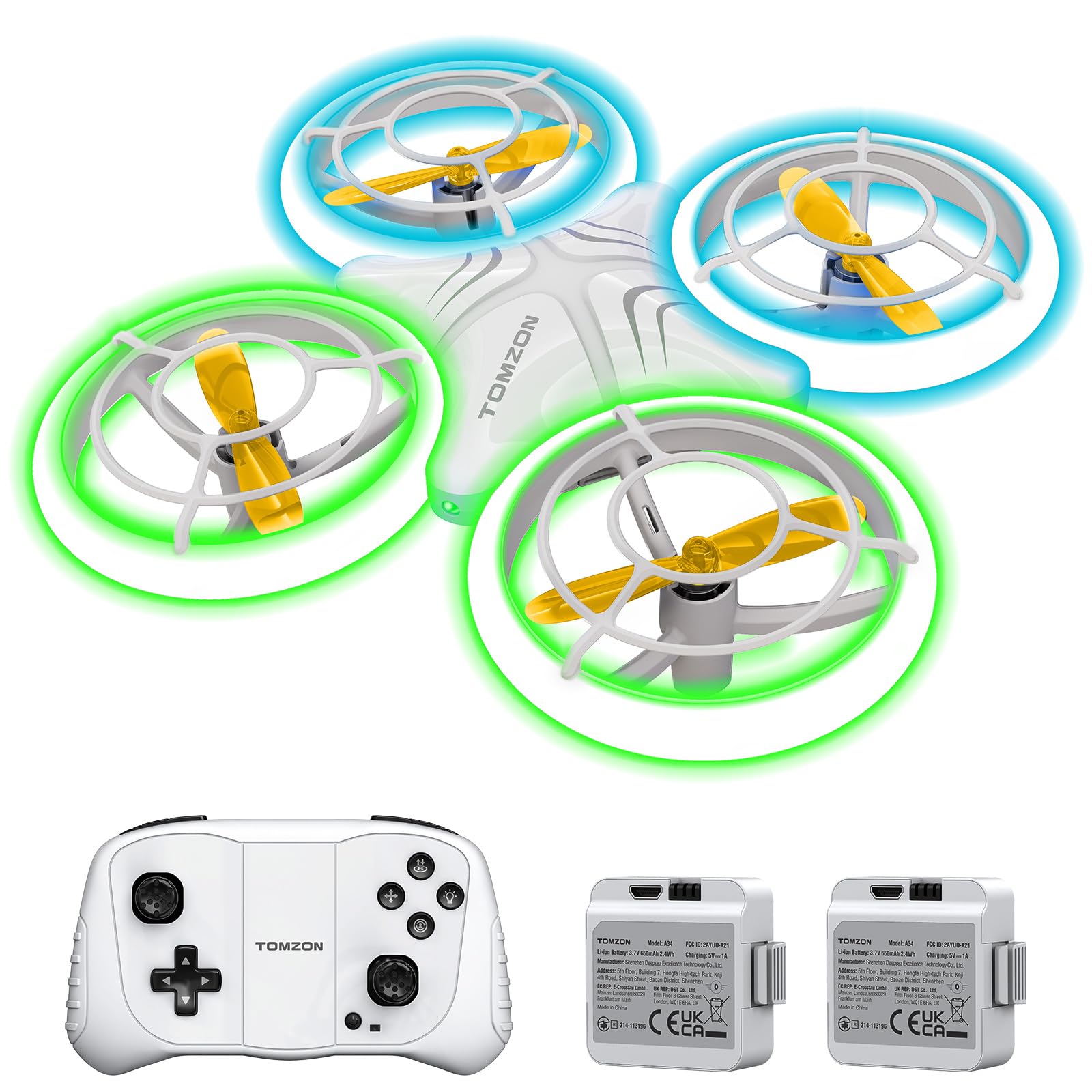 TOMZON Mini Drohne für Kinder, Blauen und Grünen LED Lichter, RC Quadcopter mit 2 Akkus, Kopflos Modus, Werfen Go/3D-Flip/Rotation/Kreisflug für Anfänger Kids Gelbe Propeller von TOMZON