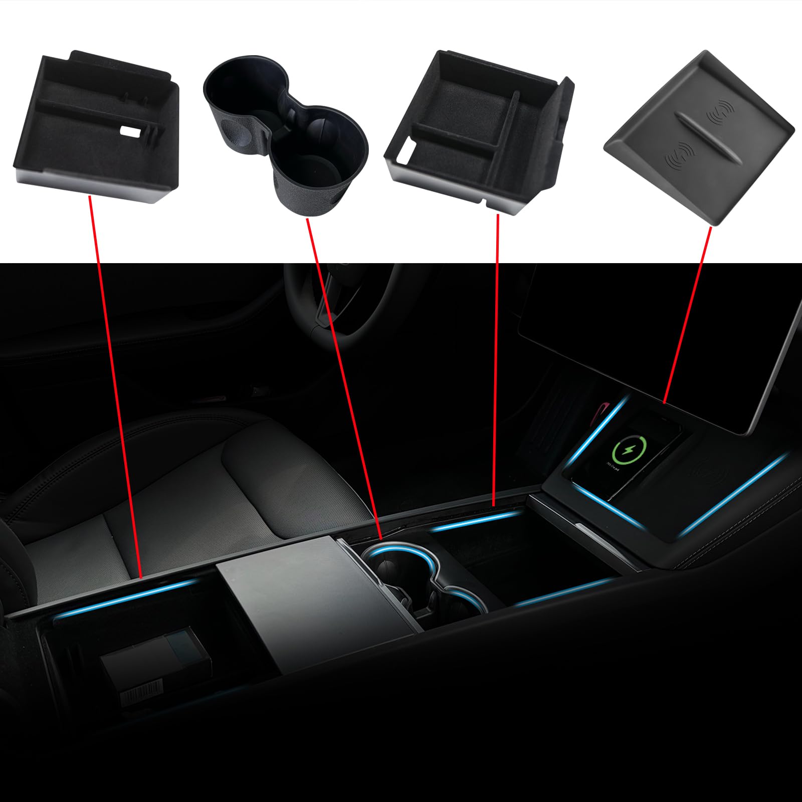 TOPABYTE Organizer für Tesla Model Y Juniper Model 3 Highland 2025 2024 Mittelkonsole Organizer Armlehne Aufbewahrungsbox Mittelkonsolen Getränkehalter Ladepad (4 Stück) von TOPABYTE