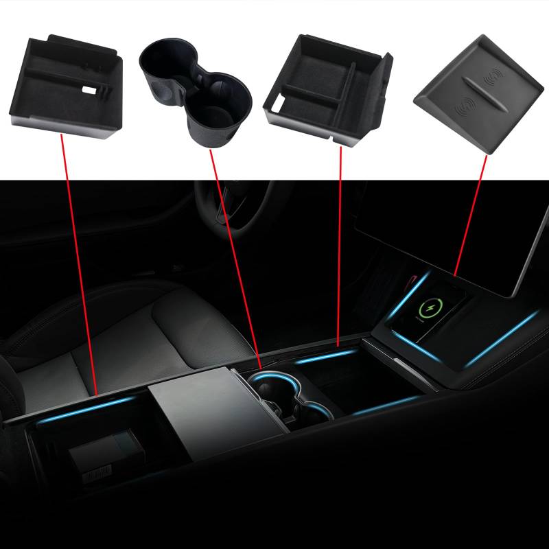 TOPABYTE Organizer für Tesla Model Y Juniper Model 3 Highland 2025 2024 Mittelkonsole Organizer Armlehne Aufbewahrungsbox Mittelkonsolen Getränkehalter Ladepad (4 Stück) von TOPABYTE