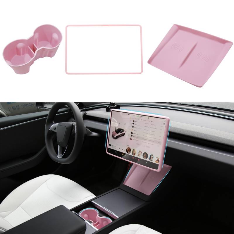 TOPABYTE 3 PCS Mittelkonsolen Zubehör für Tesla Model Y Juniper Model 3 Highland 2025 2024 Getränkehaltereinsatz Becherhalter Bildschirmkantenschutzrahmen, Matte, Pink von TOPABYTE