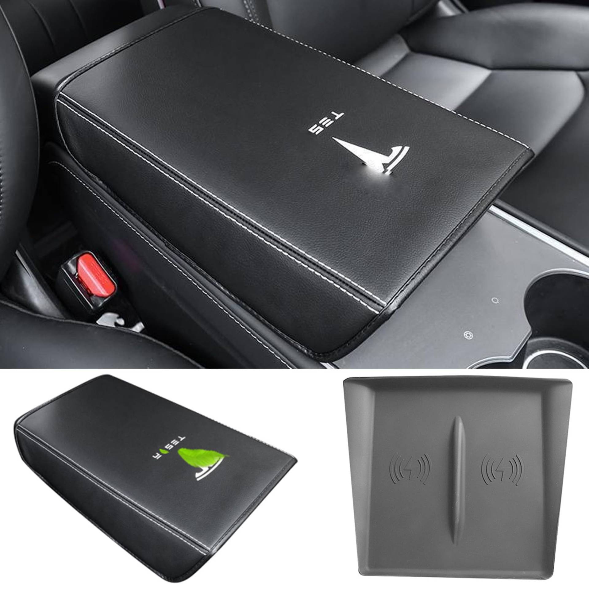 TOPABYTE Auto-Armlehnenbox-Abdeckung für Tesla Model 3 Highland 2024 mit Tesla-Mittelkonsole Silikon-Pad kabellose Ladematte Leder-Mittelkonsolenschutz (schwarz) von TOPABYTE