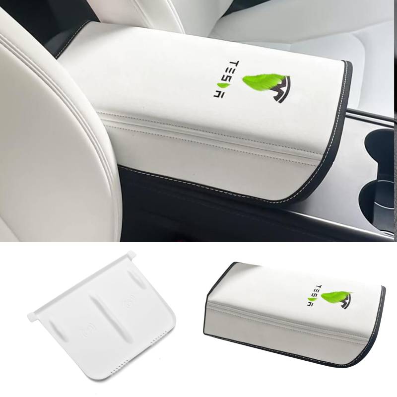 TOPABYTE Auto-Armlehnenbox-Abdeckung für Tesla Model Y 2020-2024 und Model 3 2017–2023 mit Tesla-Mittelkonsole Silikon-Pad kabellose Ladematte Leder-Mittelkonsolenschutz (weiß) von TOPABYTE