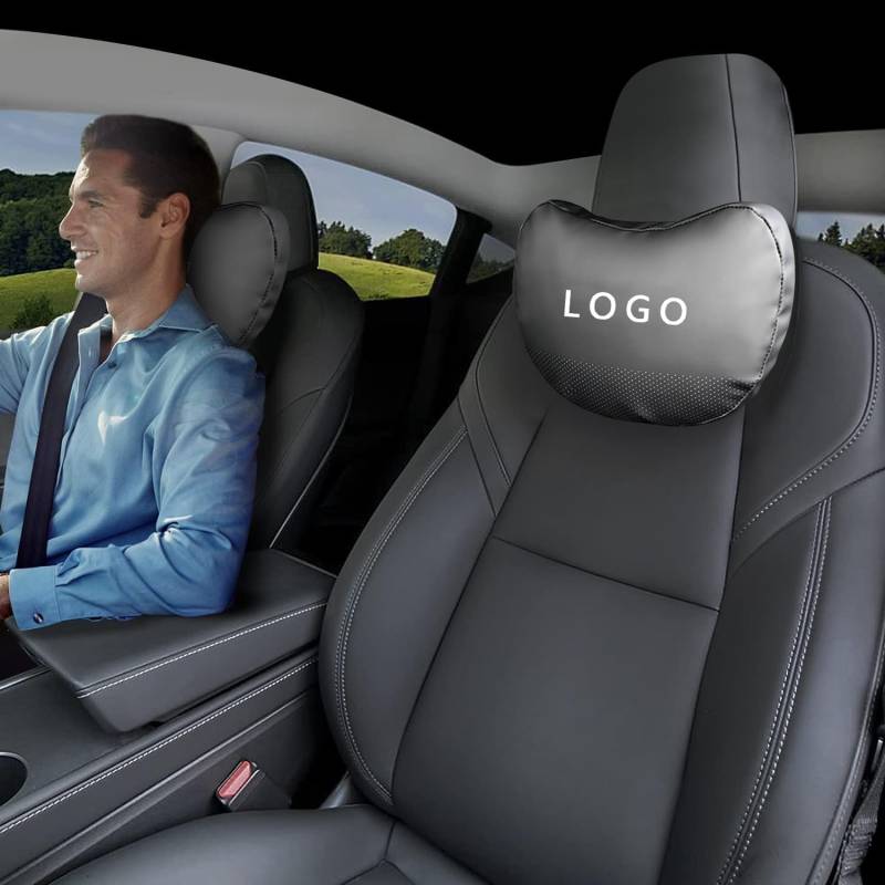 TOPABYTE Auto Kopfstützenkissen 2 PCS Echtes Nappaleder Auto Nackenkissen für Tesla Model Y Model 3 Highland Model X Model S Cybertruck Zubehör, Tesla-Sitz-Kopfstützenkissen für Reisen, Schwarz von TOPABYTE