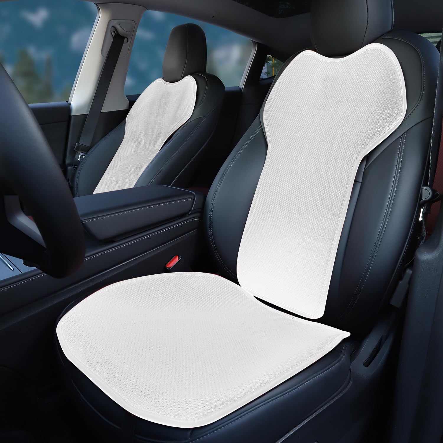 TOPABYTE Komplettset für Tesla Model Ｓ Sitzbezug vorne und hinten Autositzkissen-Schutzpolster-Set für alle Jahreszeiten universell bequem und atmungsaktiv (7 Stück/weiße Eisseide) von TOPABYTE