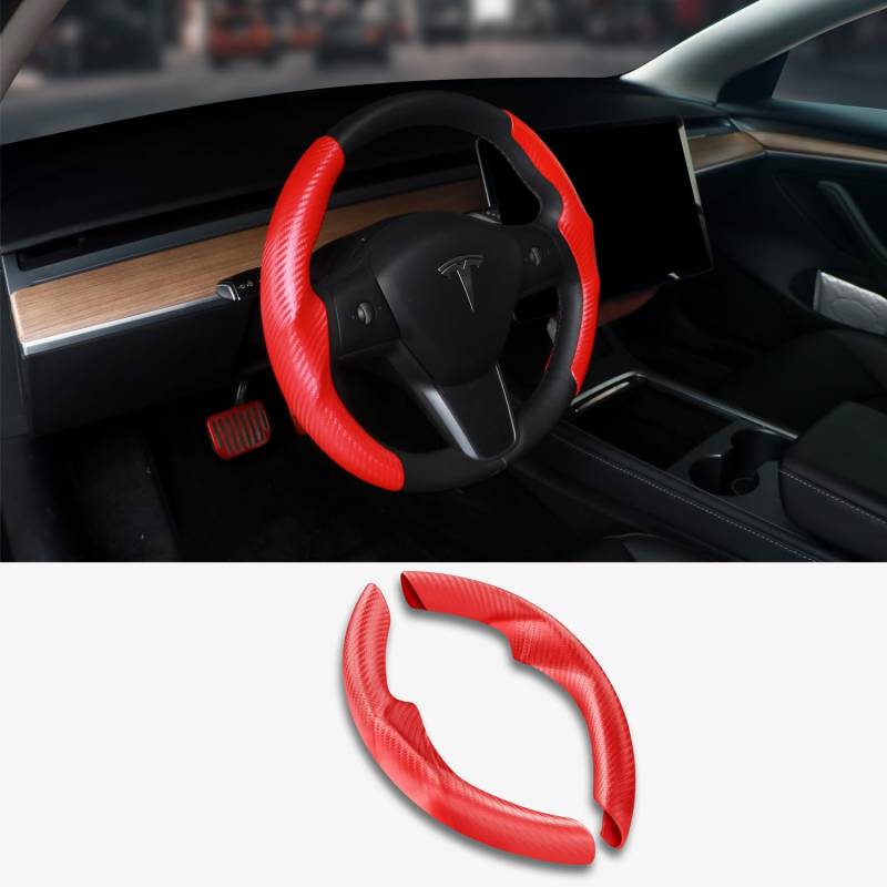 TOPABYTE Lenkradabdeckung für 2017-2023 Tesla Model Y Model 3 Zubehör Car Steering Wheel Cover Protector Antip, Nicht für Model 3 Highland (Red Carbonfaser) von TOPABYTE
