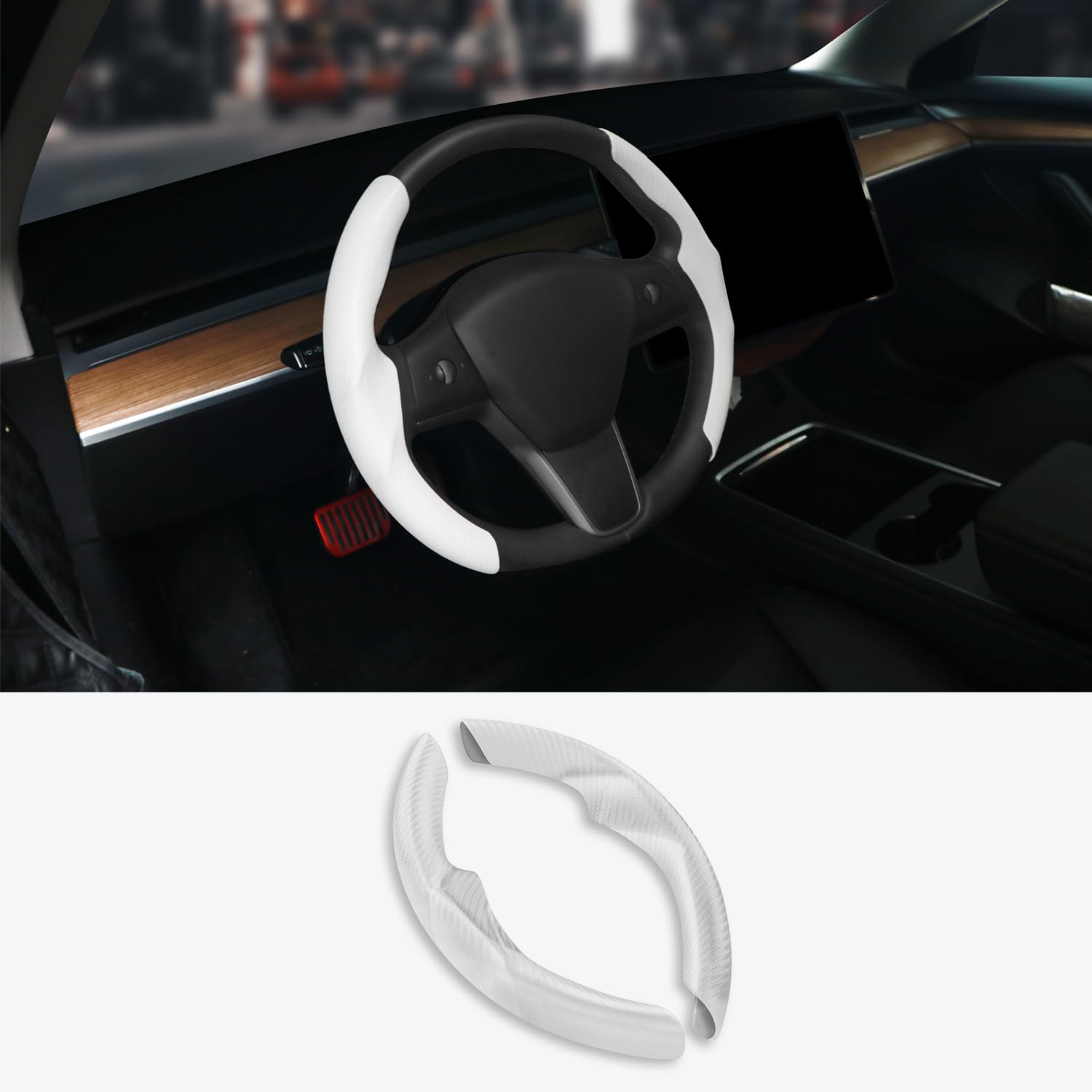 TOPABYTE Lenkradabdeckung für Tesla Model Y 2020-2024 & Model 3 2017-2023 Zubehör Car Steering Wheel Cover Protector Antip (Weißer Kohlefaser) von TOPABYTE