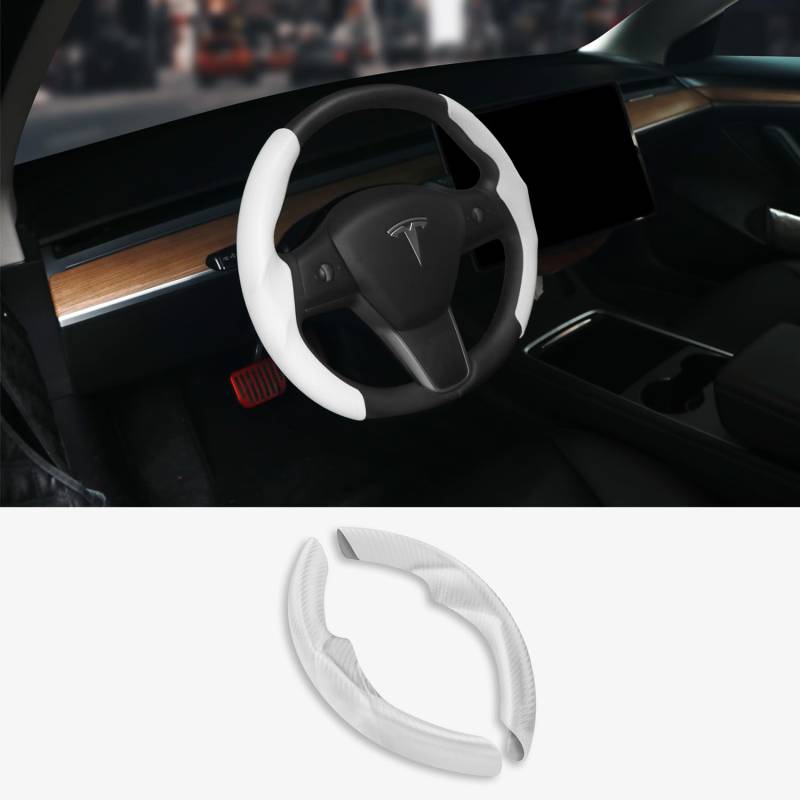TOPABYTE Lenkradabdeckung für 2017-2023 Tesla Model Y Model 3 Zubehör Car Steering Wheel Cover Protector Antip, Nicht für Model 3 Highland (Weißer Kohlefaser) von TOPABYTE