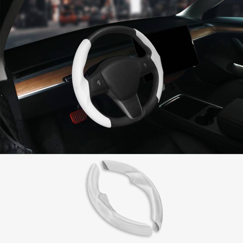TOPABYTE Lenkradabdeckung für Tesla Model Y 2020-2024 & Model 3 2017-2023 Zubehör Car Steering Wheel Cover Protector Antip (Weißer Kohlefaser) von TOPABYTE