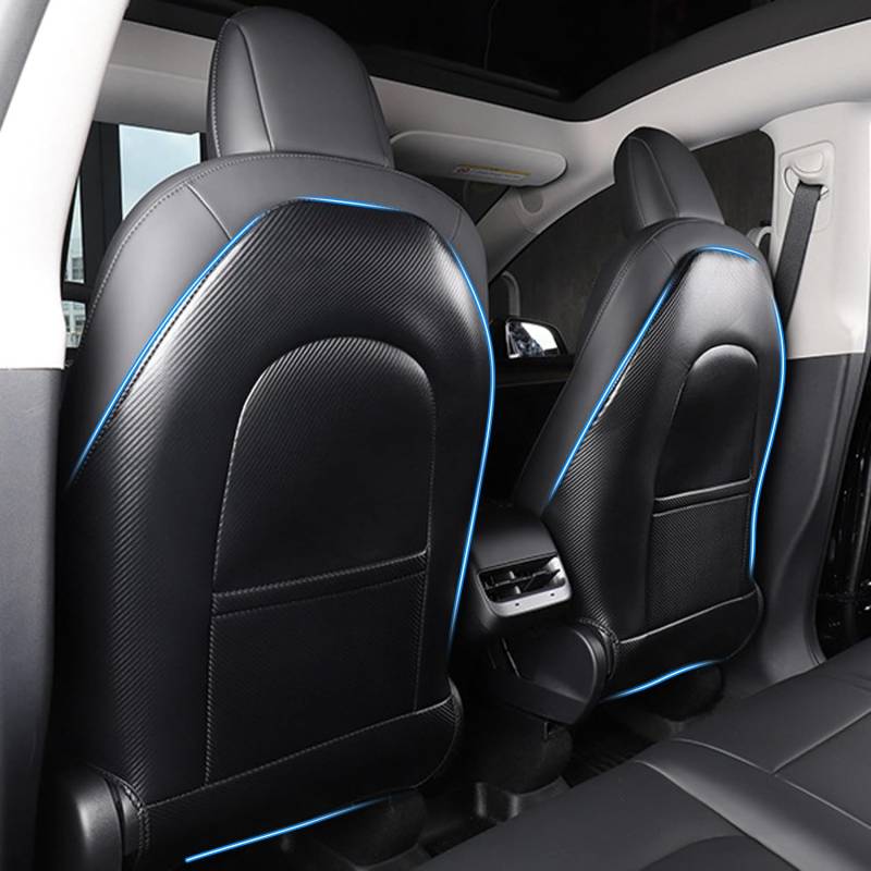 TOPABYTE Rückenlehnenschutz Tesla Model 3 Y S X Rücksitze Trittschutz Sitz Rücksitz Trittmatten für Kinder Leder Rücksitzmatten Rücksitzbezug mit Extra Organizer, 2 Stück - Kohlefaser von TOPABYTE