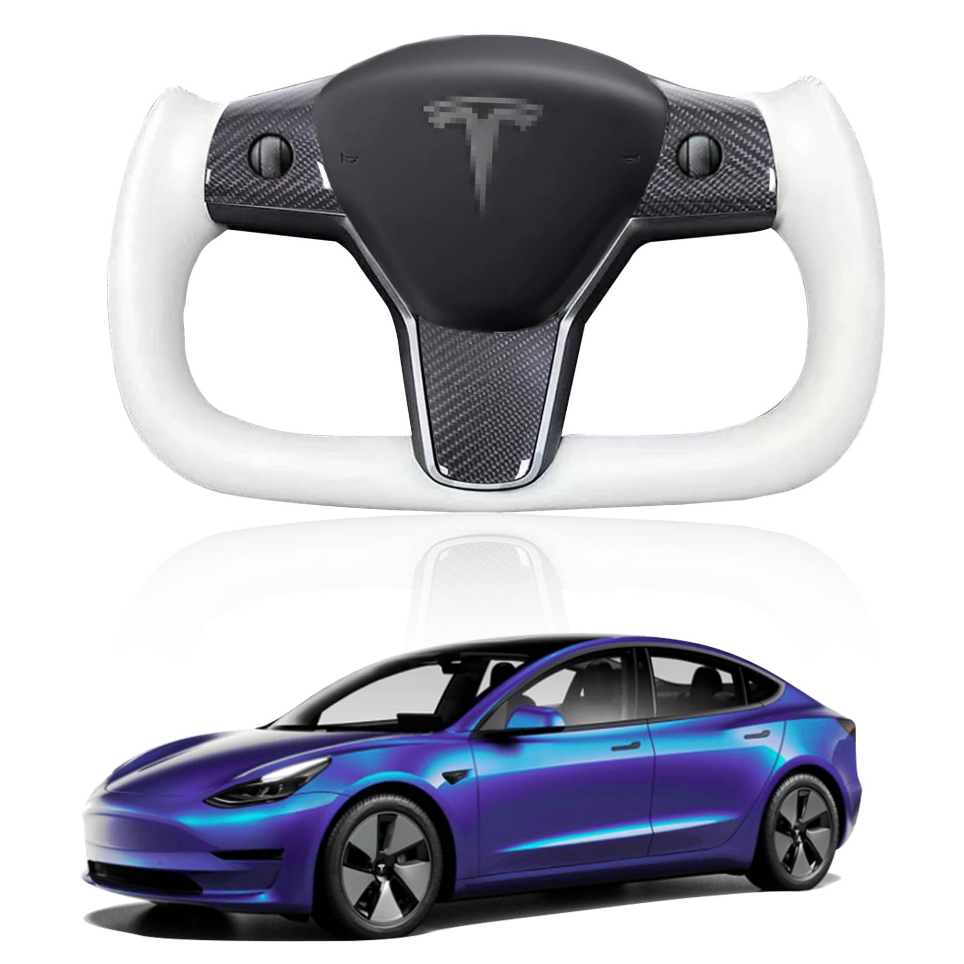 TOPABYTE Tesla Yoke Lenkradersatz für Model Y Model 3 2017–2024 mit Heizfunktion, Nappaleder (weiß, glänzende Carbonfaser, Version A) von TOPABYTE