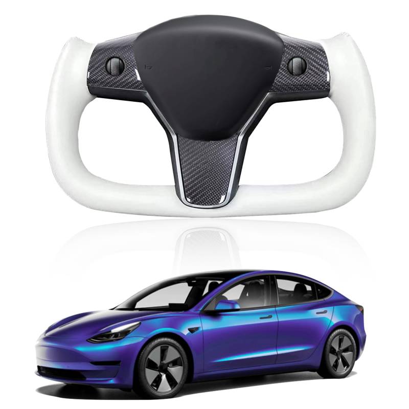 TOPABYTE Yoke-Lenkrad-Ersatz für Tesla Model Y 2020–2024 mit Heizfunktion, Nappaleder (weiß, glänzende Carbonfaser, Version B) von TOPABYTE