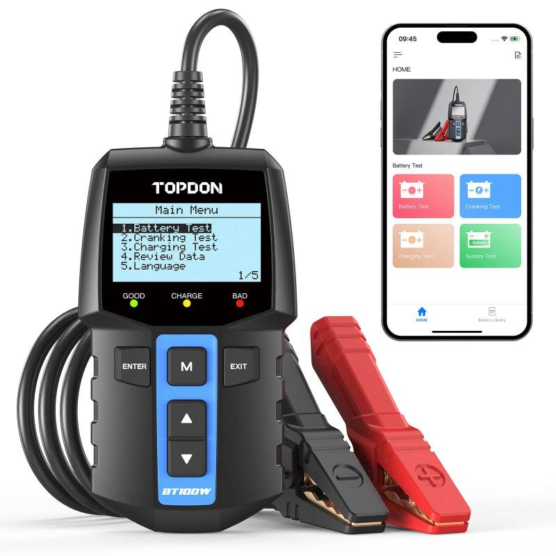 TOPDON Autobatterie Tester BT100W, 2-IN-1 Bluetooth batterietesater kfz 12V 100-2000 CCA Batterie Last Prüfgerät, Startsystem Analysator, Unterstützt Batterie Datenbank von TOPDON
