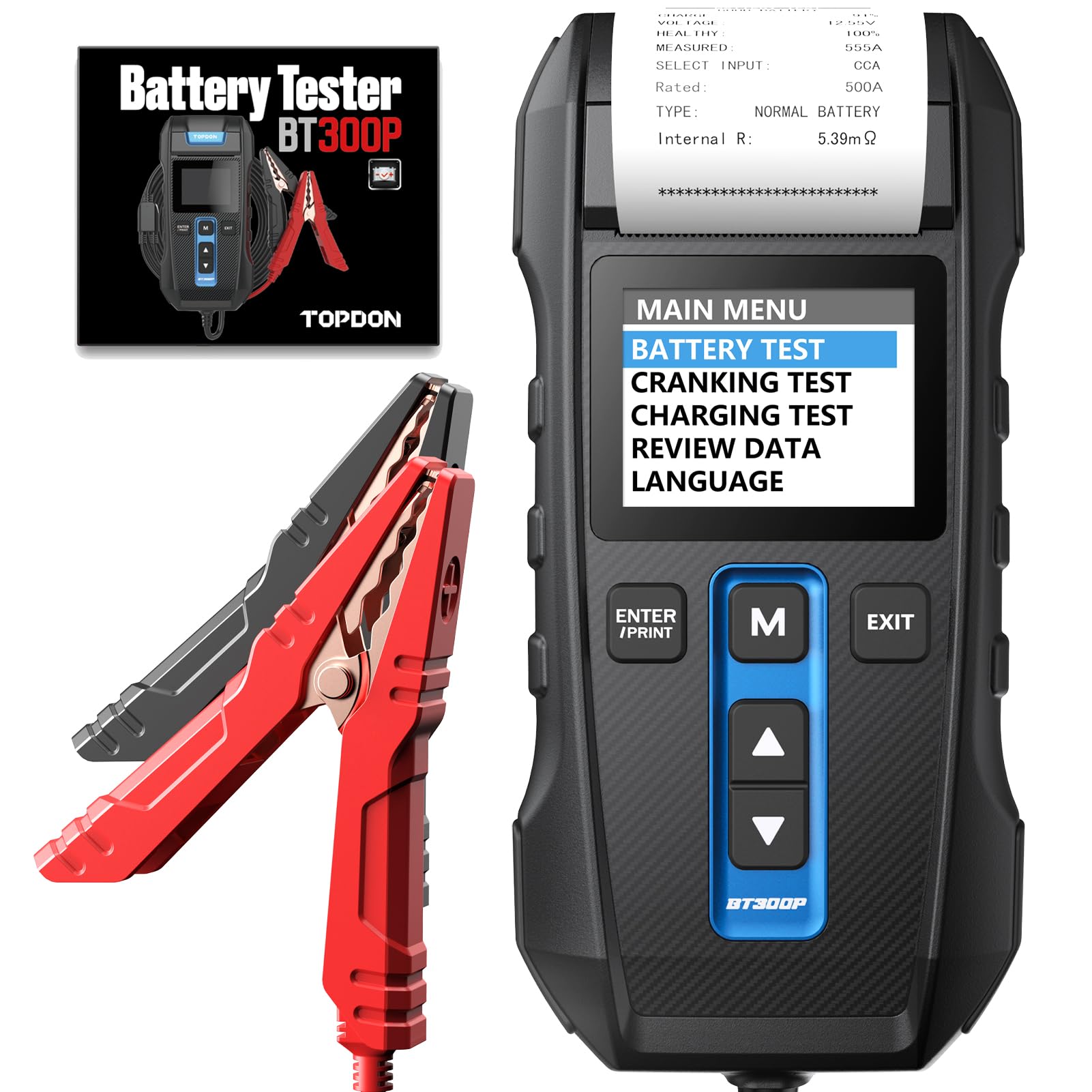 Autobatterietester 12V 24V TOPDON BT300P，100-2000CCA Batterietester mit drucker, Lade- und Anlasssystem Analysator, Verfügbar für Heimwerker und Profis, für Auto Motorrad SUV LKW Boot von TOPDON