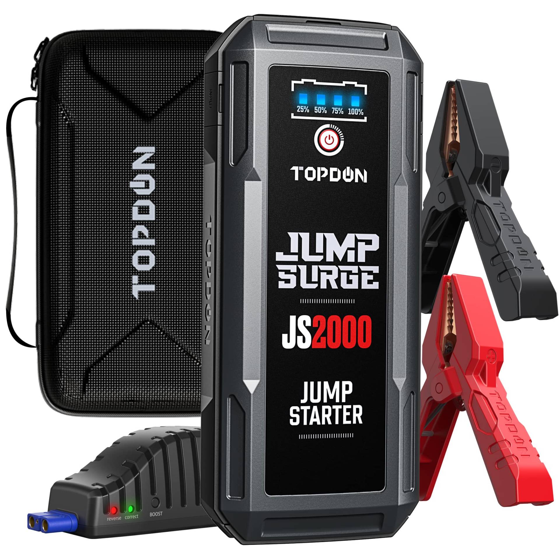 TOPDON Starthilfe Powerbank, JS2000 Starterbatterie 2000A Auto Booster Power Pack für bis zu 8L Benzin&6L Dieselmotoren, Kfz Jump Starter mit Starthilfekabel/Eva Tasche/Eingebaute LED, 16000mAh von TOPDON