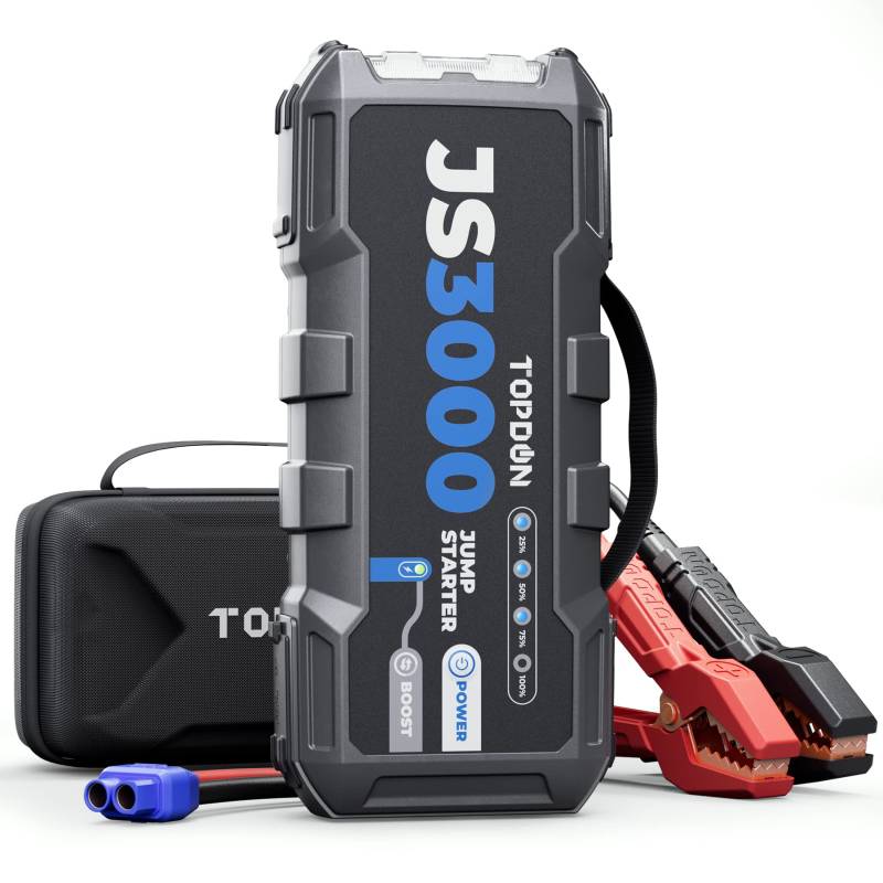 TOPDON JS3000 Starthilfe Powerbank, 3000A/24000mAh Booster Auto Starterbatterie für bis zu 9L Benzin&7L Dieselmotoren, Kfz Jump Starter mit Starthilfekabel/Eva Tasche/LED Flashlight von TOPDON