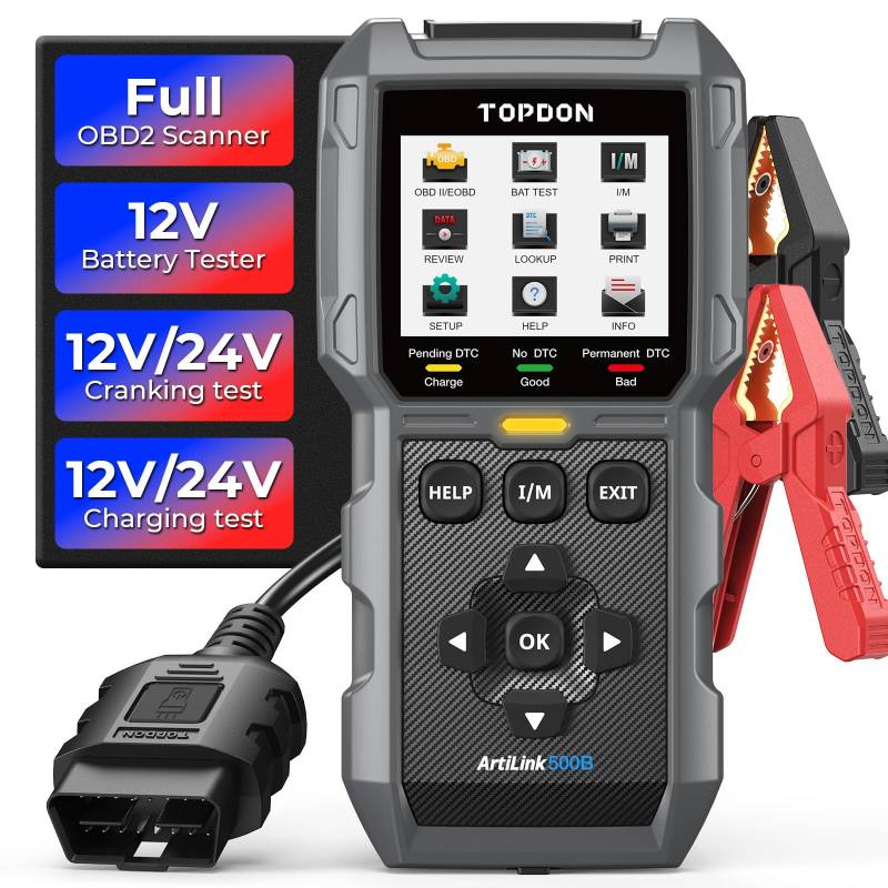 TOPDON AL500B OBD2 Diagnosegerät&Batterietester 2 in 1, Diagnosegerät Auto mit vollständigen OBD2 Funktionen, 12V Batterietests, 12V/24V Anlasser&Ladetests von TOPDON