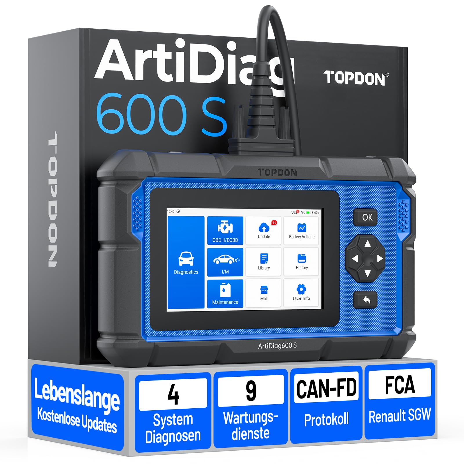 TOPDON ArtiDiag600S OBD2 Diagnosegerät, Diagnosegerät für 4 Systeme Motor/ABS/Airbag/AT, 8 Reset Funktionen auf Öl/Bremse/SAS/BMS/ABS/DPF/TPMS/Drosselklappe, volle OBD2 Funktionen, lebenslanges Update von TOPDON