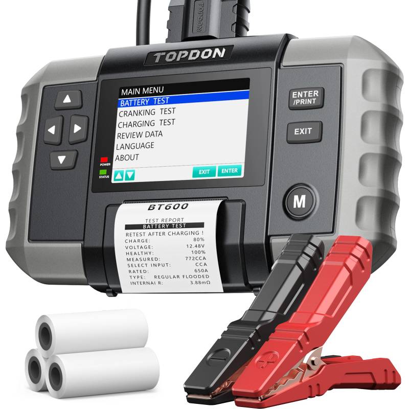 TOPDON BT600 Autobatterietester, Batterietester KFZ 12V 24V, 100-2000 CCA Starttester Autobatterie Tester, 3.5 Zoll Farbbildschirm, 1,8m Kabel, Berichte in Echtzeit Gedruckt, für Heimwerker und Profis von TOPDON