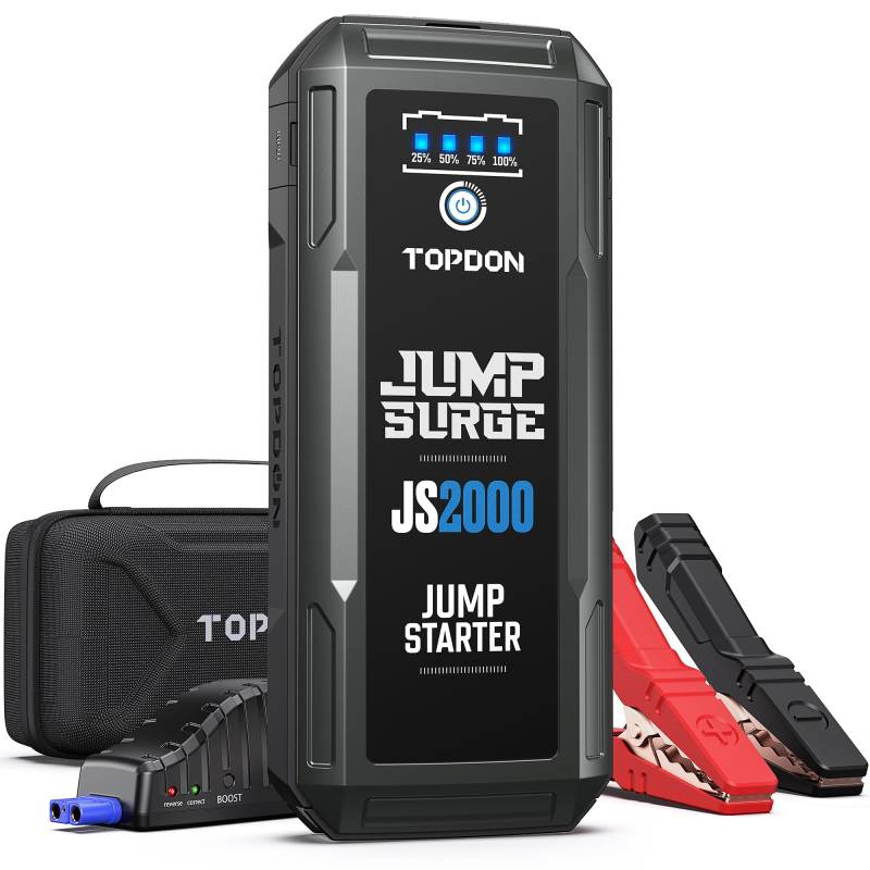 TOPDON JS2000 Auto Starthilfe Powerbank, 2000A 16000mAh Jump Starter für bis zu 8,0-Liter-Benzin- oder 6-Liter-Dieselmotoren, 12V-Starthilfe mit LED-Taschenlampe/USB-Anschluss von TOPDON