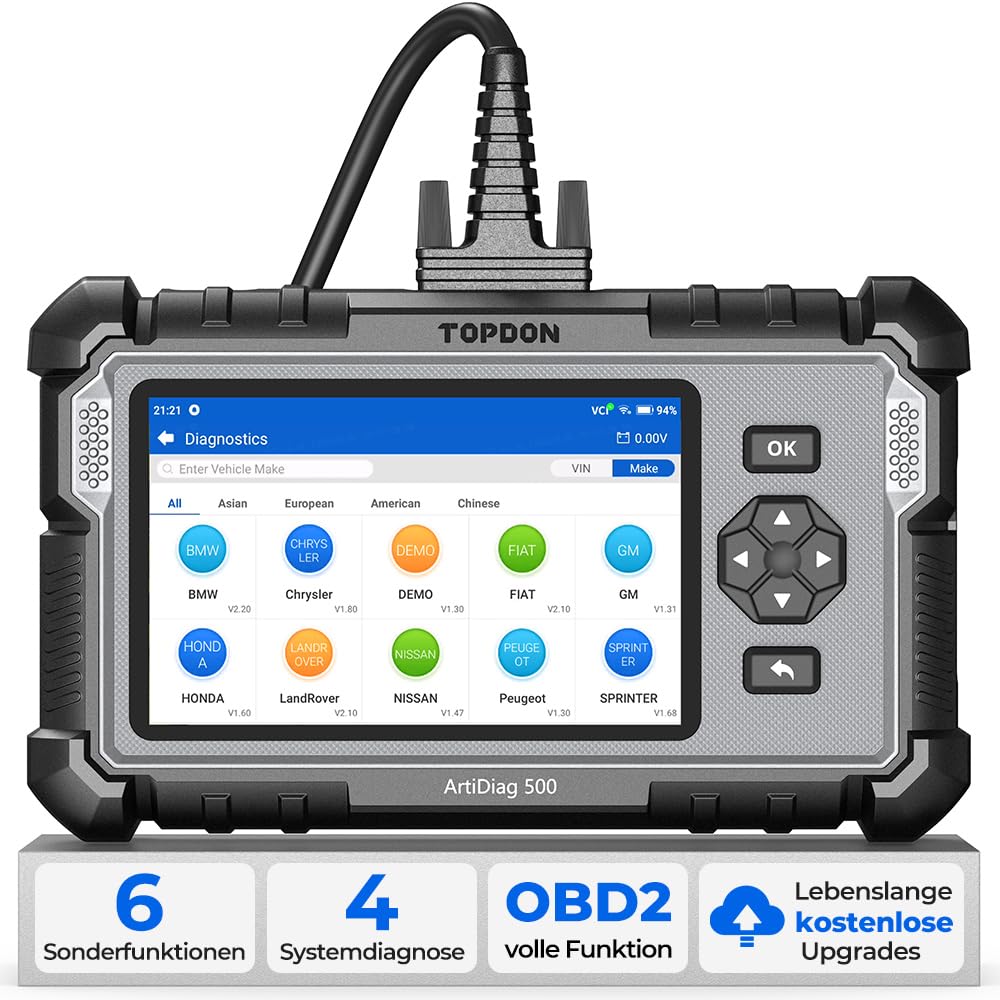 TOPDON OBD2 Diagnosegerät Auto, ArtiDiag500 Verbessertes, Für Motor,ABS,SRS,Getriebe, Mit 6 Reset-Funktion (Öl-Reset,SAS/BMS/TPMS/Bremsbelag-Reset,Drosselklappenanpassung), Kostenlose Upgrade von TOPDON