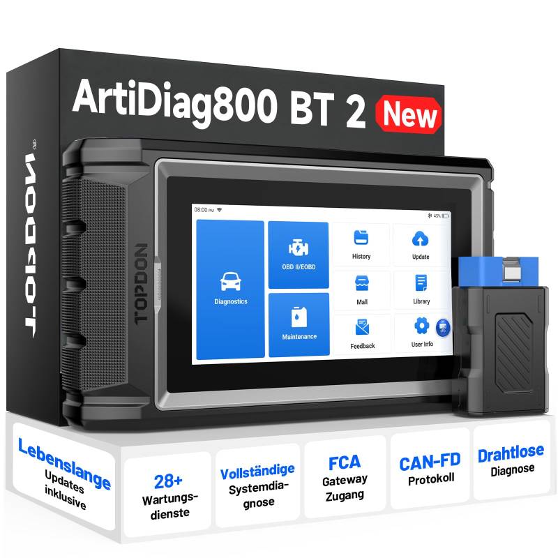 TOPDON ArtiDiag800 BT 2 OBD2 Diagnosegerät, All-System-Diagnose-Tool mit 28+ Wartungsfunktionen, FCA-Gateway-Zugang & CAN-FD-Protokoll, drahtlose Bluetooth-Diagnose, Lebenslange Updates inklusive von TOPDON