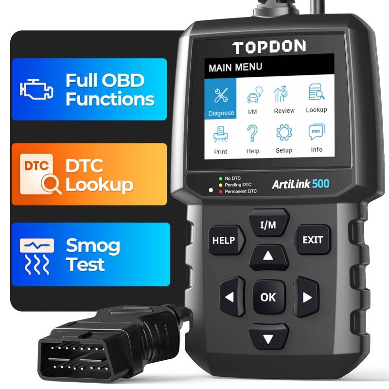 Topdon AL500 OBD2 Diagnosegerät, OBDII Diagnosewerkzeug mit Vollständigen OBD2 Funktionen, kostenlose Updates, DTC Suche, Drucken über PC, 7.1 cm Display, Integriertes Hilfemenü von TOPDON