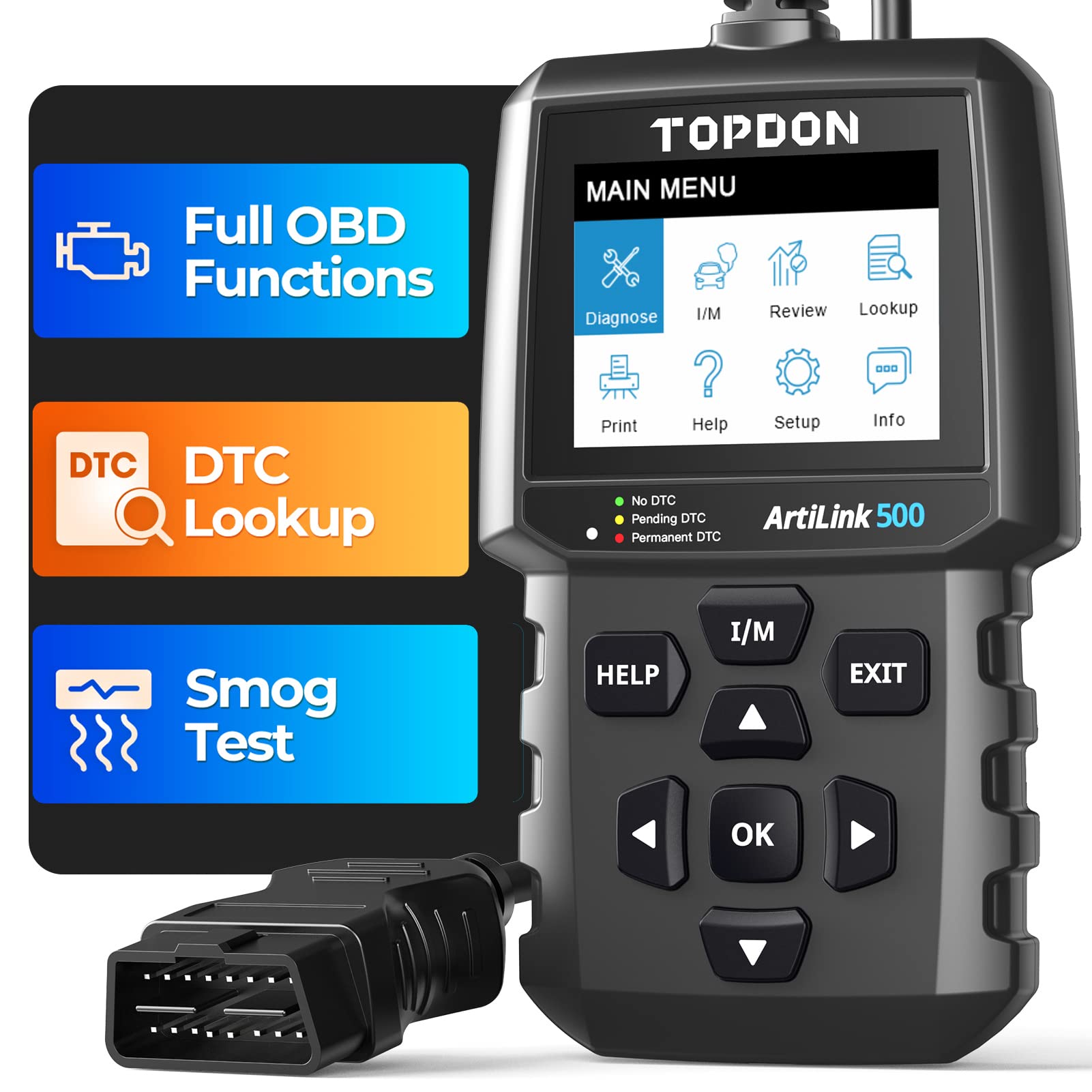 Topdon AL500 OBD2 Diagnosegerät, OBDII Diagnosewerkzeug mit Vollständigen OBD2 Funktionen, kostenlose Updates, DTC Suche, Drucken über PC, 7.1 cm Display, Integriertes Hilfemenü von TOPDON