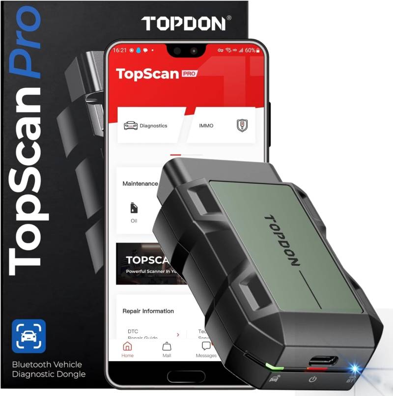 TOPDON TopScan Pro, OBD2 Diagnosegerät, kabelloser Bluetooth OBDII Diagnosewerkzeug für alle Fahrzeuge, 13+ Reset-Diensten, Bidirektionale Kontrolle/Aktive Test für iPhone & Android von TOPDON