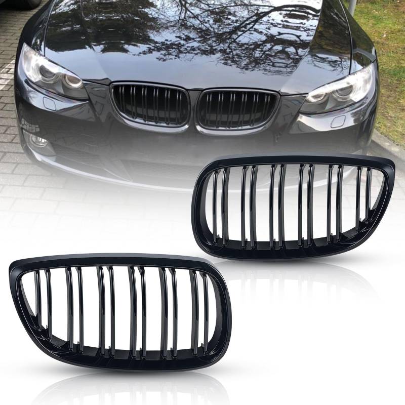 E92 Nieren Kühlergrill Schwarz Passend für BMW E92 pre-facelift (2006-2009) 3er [2-door] coupe E93 pre-facelift:(2007-2010) 3er [2-door] Cabrio Glanz Schwarz Doppelsteg von TOPTHAN