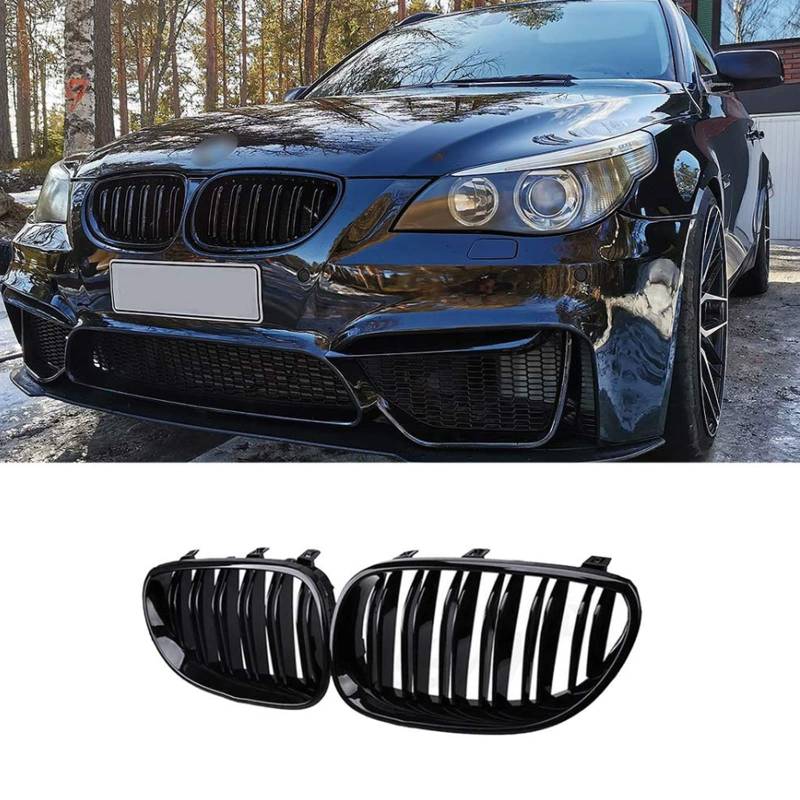 Kühlergrille Passend für bmw E60 E61 M5 5ER 2003-2009 Doppelsteg Nieren Gitter Schwarz Glanz Kühler Front Doppel Rippen Grill von TOPTHAN