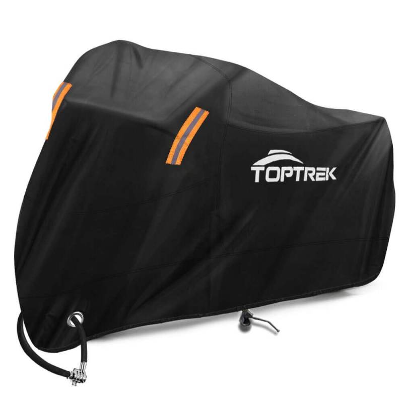 TOPTREK Motorrad Abdeckplane Outdoor Winterfest Wasserdicht Motorradgarage 210T Oxford Stoff – XXL Motorradabdeckung für Harley-Davidson, Honda, Suzuki, Kawasaki (245 * 105 * 125 cm) von toptrek