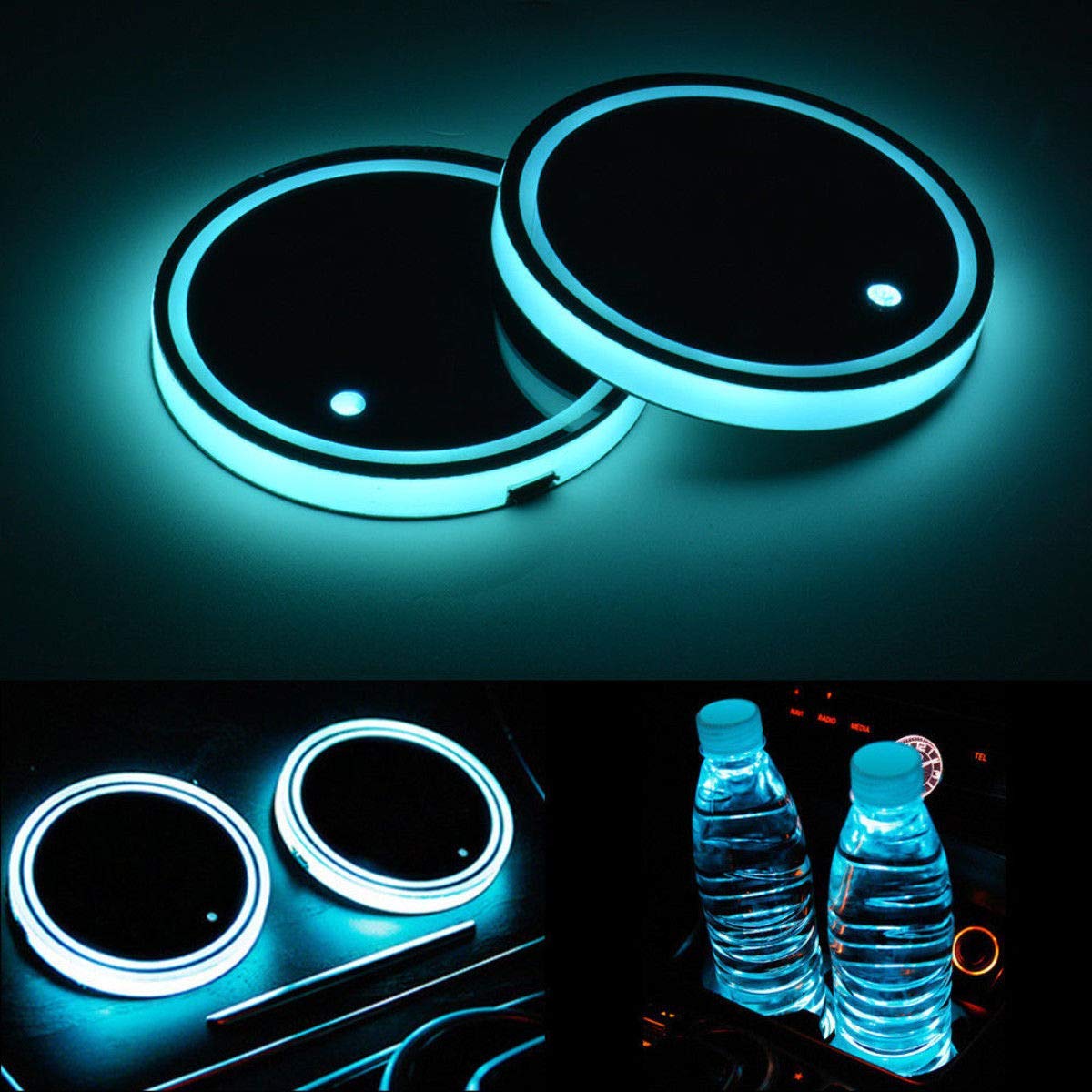 TOTMOX 2 x bunte LED Auto wasserdichte Untersetzer, USB wiederaufladbare Wasserflasche Getränkeuntersetzer Auto Getränkehalter Eingebautes RGB Licht, mit Fernbedienung von TOTMOX