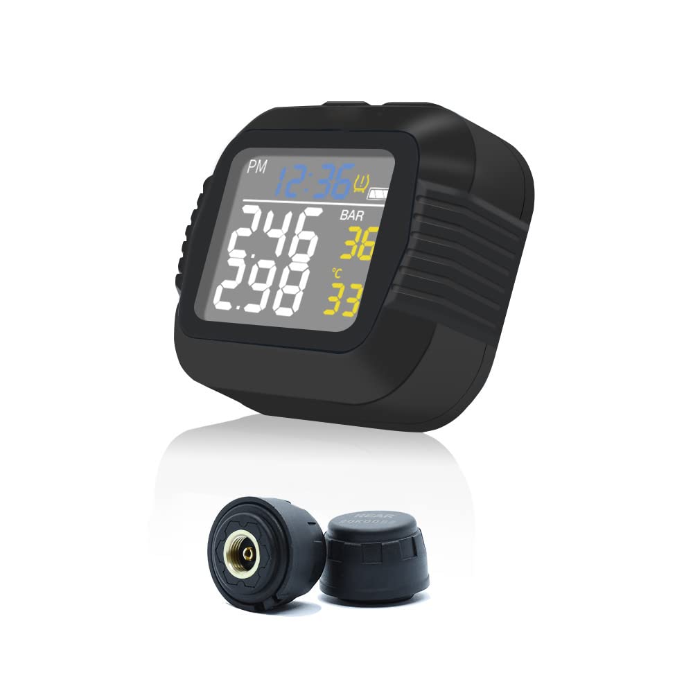 TOTMOX Motorrad-Reifendrucküberwachung, USB-Aufladung, kabelloses LCD-Display, TPMS-Überwachungssystem mit 2 externen Sensoren, Echtzeit-Datenreflexion für Mountainbike von TOTMOX