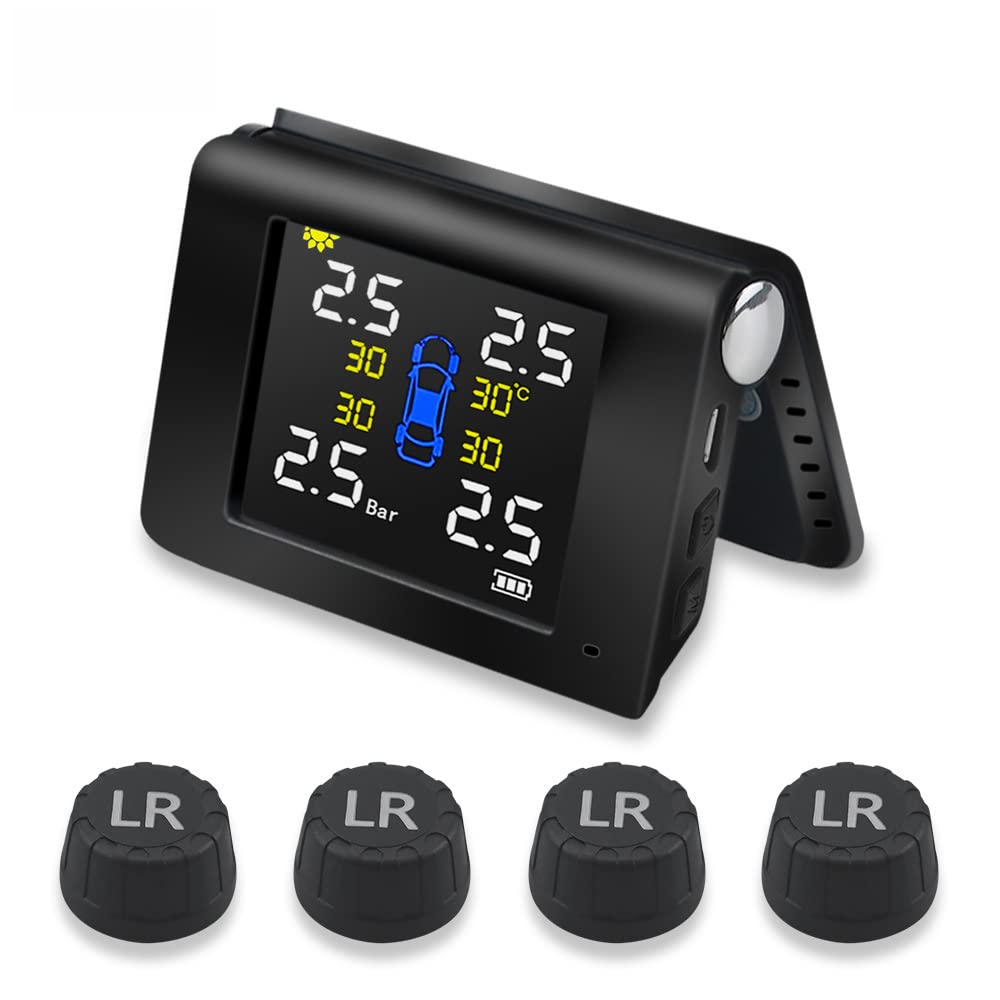 TOTMOX TPMS Autoreifendruckkontrollsystem mit drahtloser Verbindung und 4 externen Sensoren, großem verstellbarem LCD-Display und USB-Lademonitor von TOTMOX