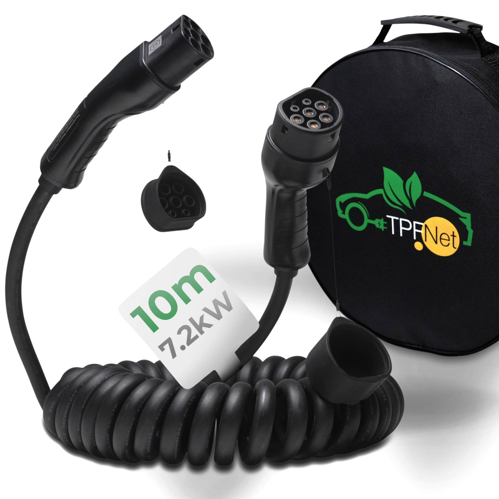 TPFNet Typ 2 Spiral Ladekabel 10m für Elektroauto PHEV Hybrid 7,2kW 32A E-Auto Ladekabel 1 phasig 10 Meter, Kompatibel mit i3, iX, ID.3, ID.4, e-Golf, e-Up!, Leaf, Q4 E-Tron, e-208, Kuga PHEV, 500e von TPFNet