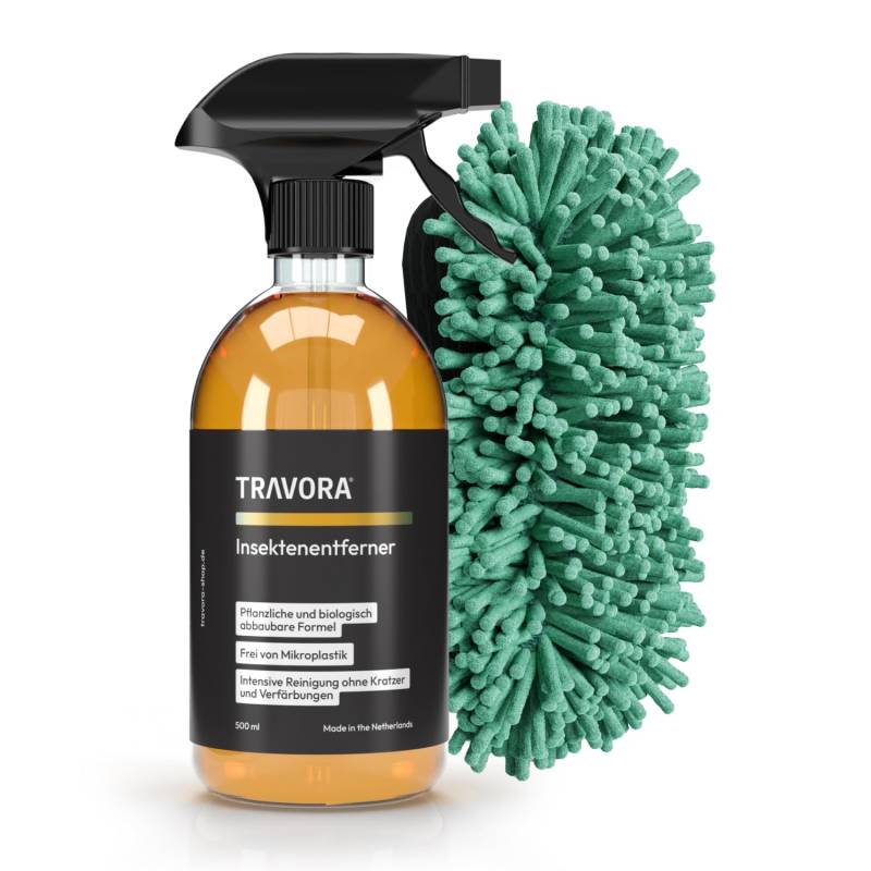 TRAVORA Premium Insekten Entferner Set inkl. Auto Schwamm - materialschonender Bio Caravan & Auto Insektenentferner mit Insektenschwamm - 500 ml biologisch abbaubarer Insektenreiniger & Autoschwamm von TRAVORA