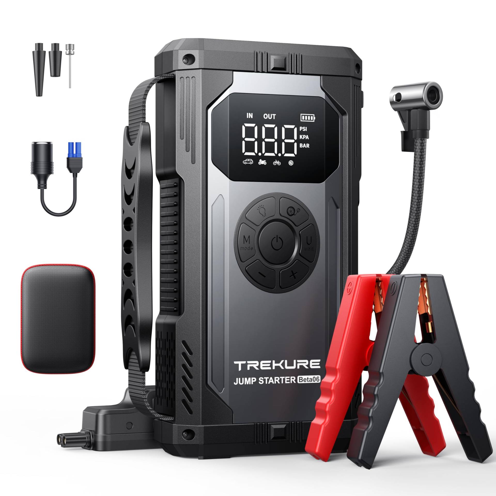 TREKURE Auto Starthilfe Powerbank mit Luftkompressor, 150PSI 5000A Spitzenstrom Starthilfe Powerbank für All Benzin und 10.0L Dieselmotor, Starthilfe mit LED, DC Ausgang und Dual USB TREKURE Auto Starthilfe Powerbank mit Luftkompressor, 150PSI 5000A Spitzenstrom Starthilfe Powerbank für All Benzin und 10.0L Dieselmotor, Starthilfe mit LED, DC Ausgang und Dual USB von TREKURE