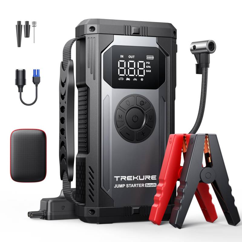 TREKURE Auto Starthilfe Powerbank mit Luftkompressor, 150PSI 5000A Spitzenstrom Starthilfe Powerbank für All Benzin und 10.0L Dieselmotor, Starthilfe mit LED, DC Ausgang und Dual USB von TREKURE
