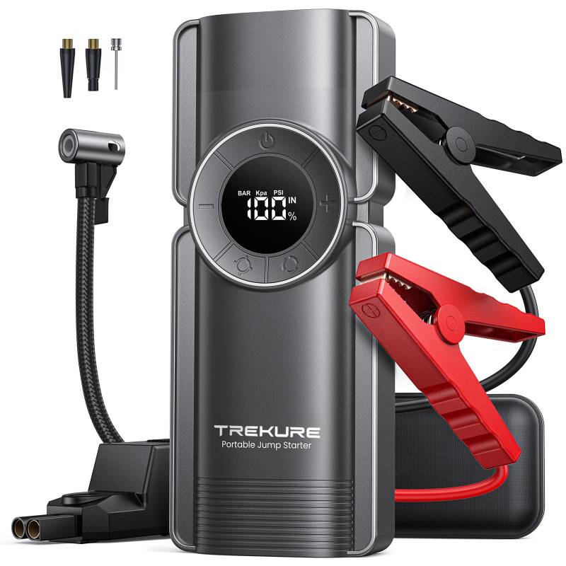 TREKURE Starthilfe Powerbank mit Kompressor, 150PSI 4000A Auto Starthilfe Powerbank für 8.5L Benzin und 8.0L Dieselmotor, 12V Booster Auto Starthilfe mit LED-Licht von TREKURE