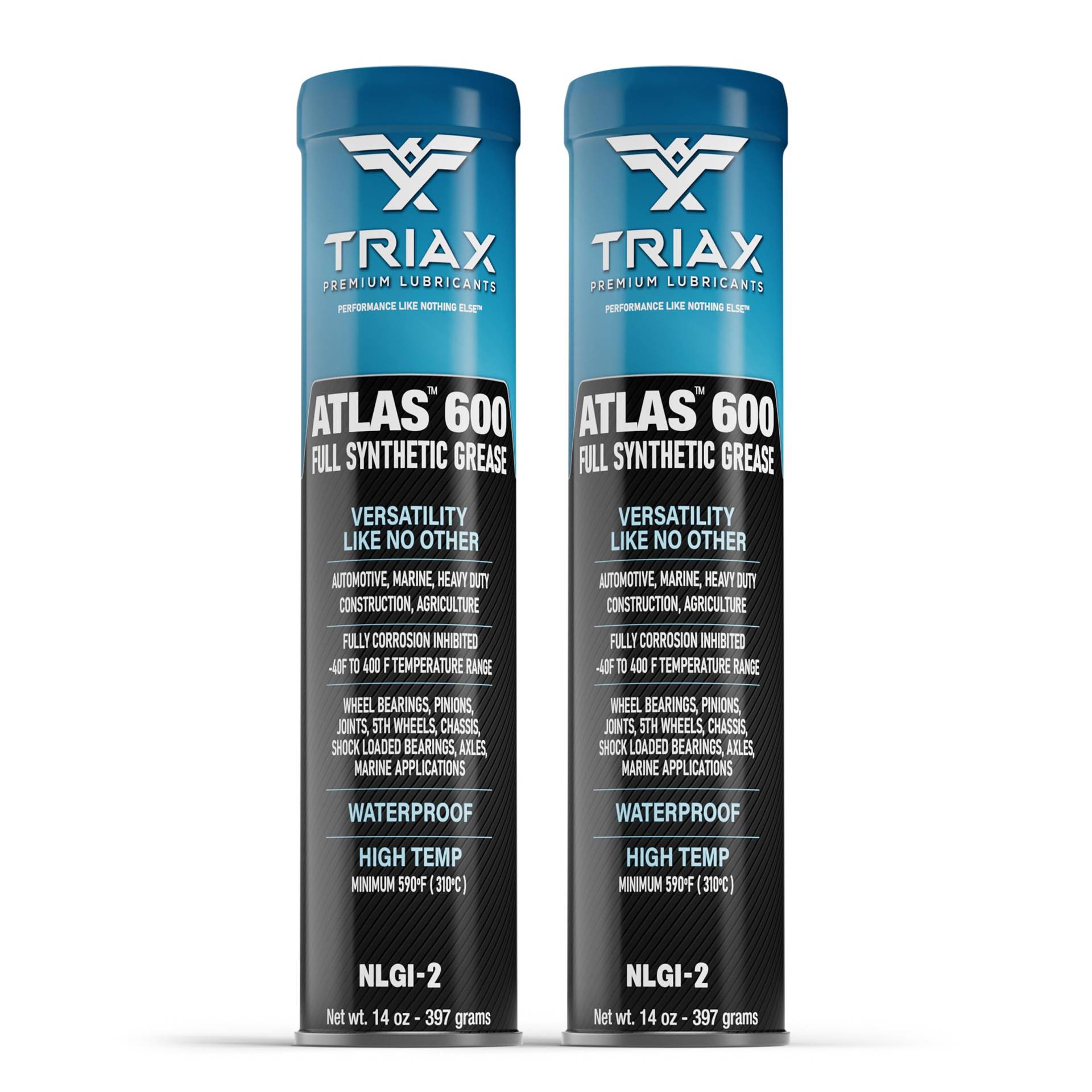 TRIAX Atlas 600 Blau Vollsynthetisches Fett, Hochtemperatur -40°C bis + 232°C, NLGI-2, Wälzlager/Radlager, Langzeit Fett, Wasserdicht/Marine, Höhe Haftung, Hochleistungs Fett (2x400g Kartusche) von TRIAX