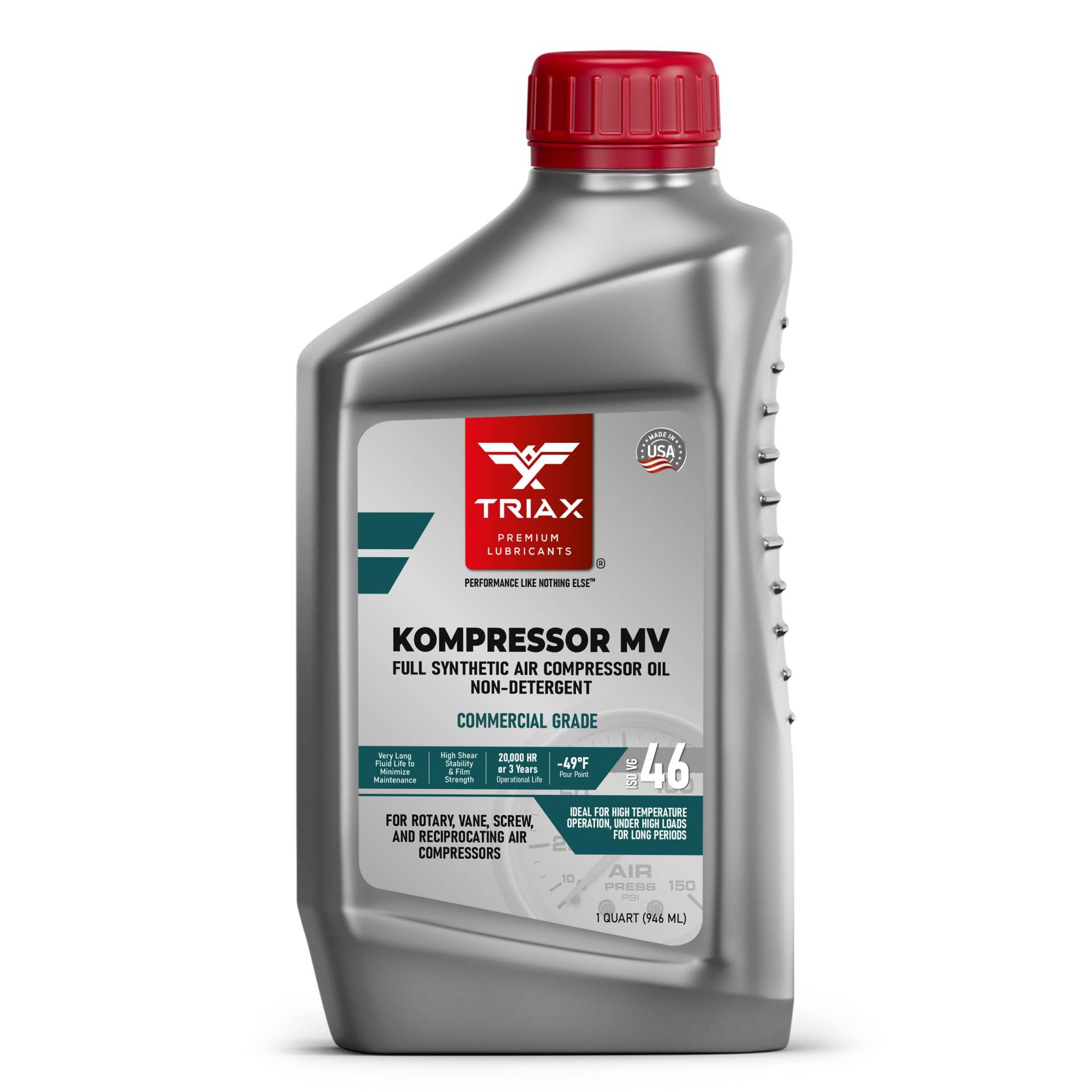 TRIAX Kompressor MV ISO 46 - Vollsynthetisches Kompressoröl - Schrauben-, Kolben-, Flügelkompressoren, Vakuumpumpen - Multiviskosität - 20.000 Stunden Lebensdauer - Hohe Belastung - 0.946 L von TRIAX