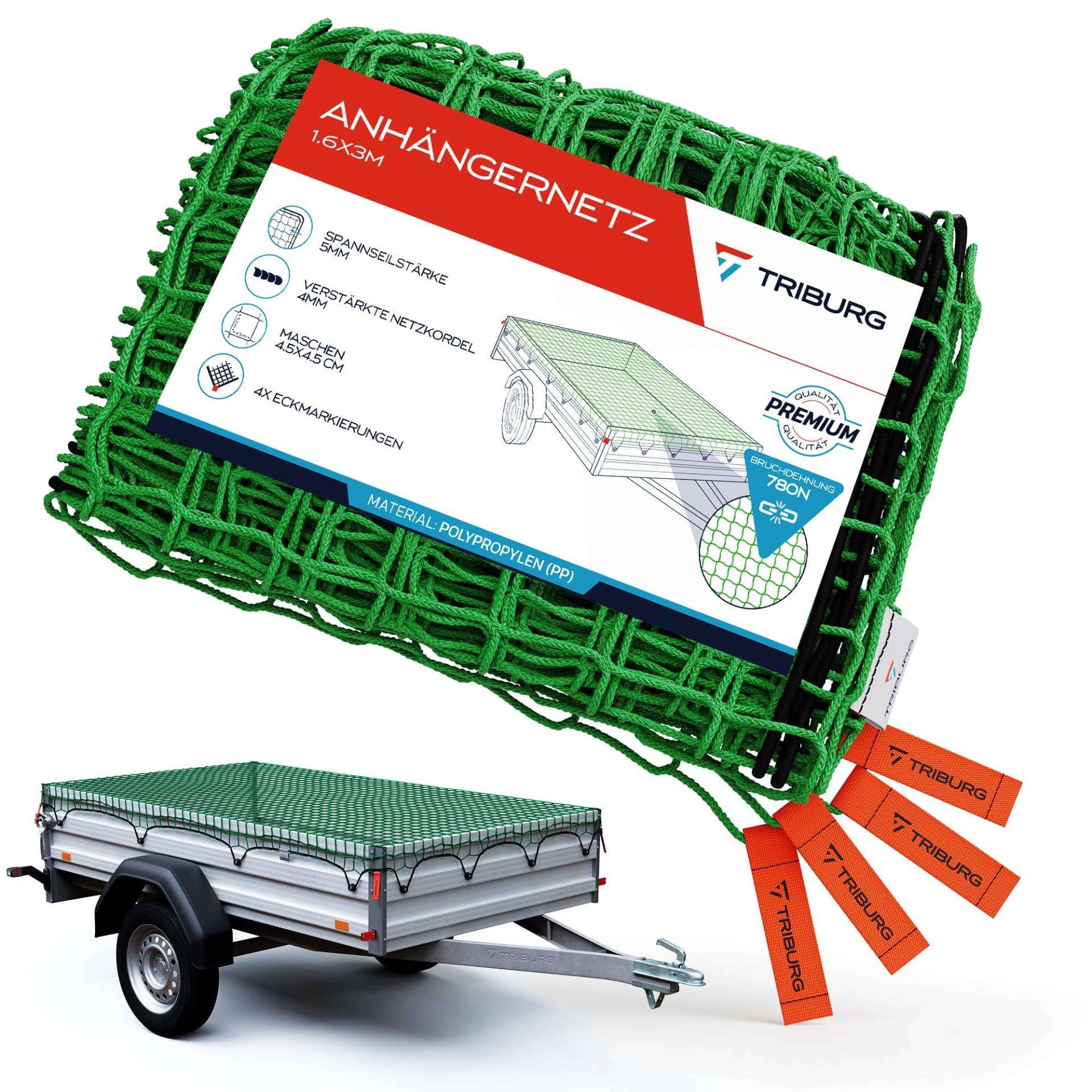 TRIBURG Anhängernetz 1,6x3 mit Eckmarkierungen - Anhänger Netz mit Spanngummi zur optimalen Ladungssicherung - Netz für Anhänger mit Gummiseil[elastisch/dehnbar] von TRIBURG